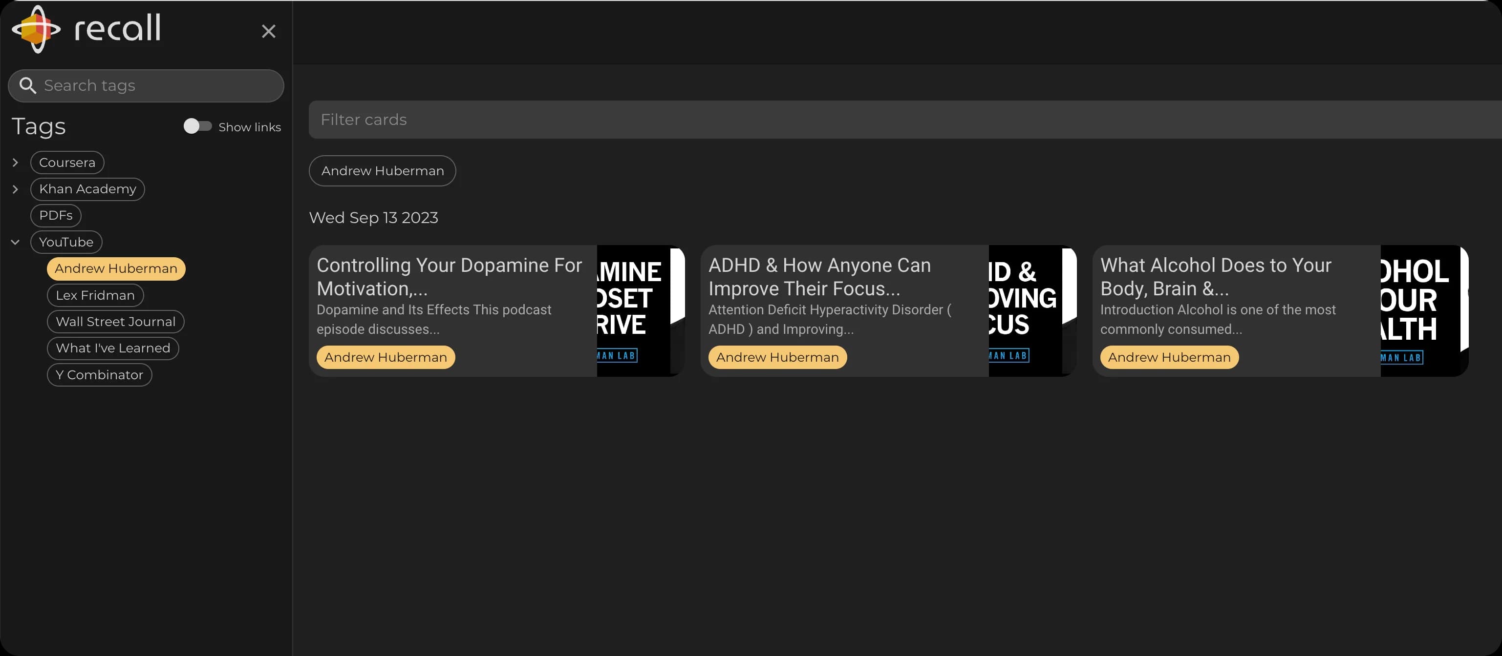 Categorized YouTube summaries in the Recall knowledge base